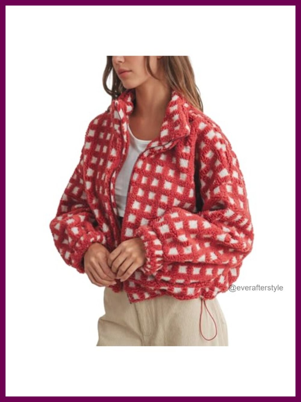 Cropped Sherpa Fleece Jacket Zip Up Plaid Gingham Coat Pockets